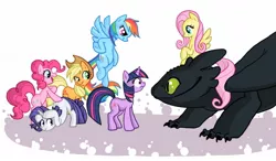 Size: 1367x798 | Tagged: safe, artist:cobracookies, derpibooru import, applejack, fluttershy, pinkie pie, rainbow dash, rarity, twilight sparkle, dragon, earth pony, night fury, pegasus, pony, unicorn, annoyed, bipedal, butt touch, colored sclera, confused, cowering, crossover, curious, eye contact, face down ass up, female, frown, glare, green sclera, hiding, hoof on butt, how to train your dragon, looking at each other, mane six, mare, open mouth, ponies riding dragons, raised eyebrow, riding, scared, simple background, smiling, toothless the dragon, underhoof, unicorn twilight, white background, wide eyes, worried