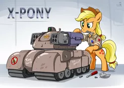 Size: 1000x717 | Tagged: applejack, artist:doomy, clothes, crossover, derpibooru import, mouth hold, safe, solo, tank (vehicle), x-com