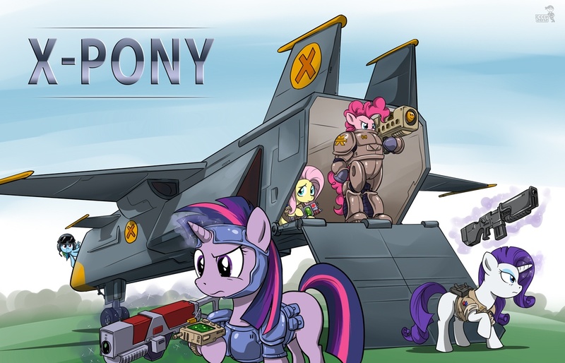 Size: 1167x750 | Tagged: safe, artist:doomy, derpibooru import, fluttershy, pinkie pie, rainbow dash, rarity, twilight sparkle, pony, armor, bipedal, crossover, gun, magic, power armor, telekinesis, weapon, x-com