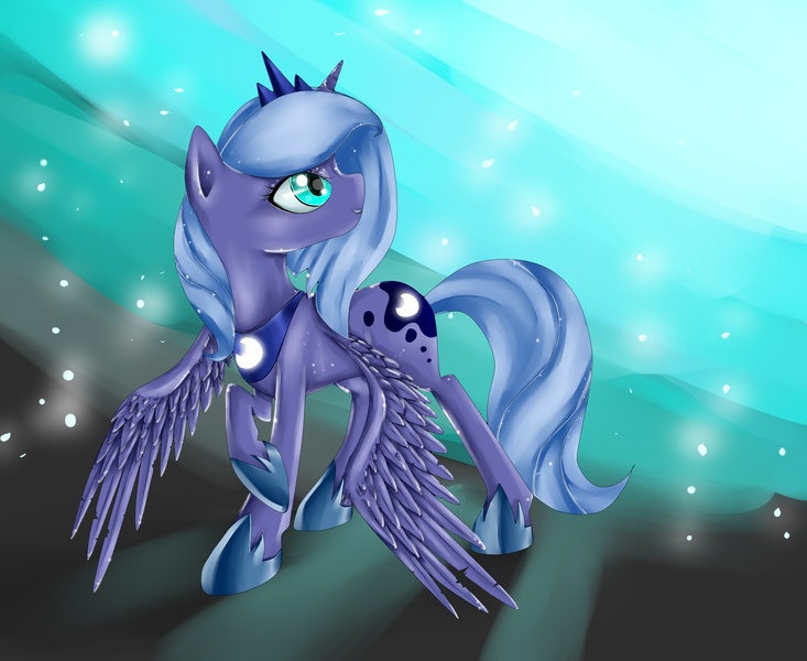 Size: 3000x2454 | Tagged: artist:edahi, derpibooru import, high res, looking back, princess luna, raised hoof, safe, solo