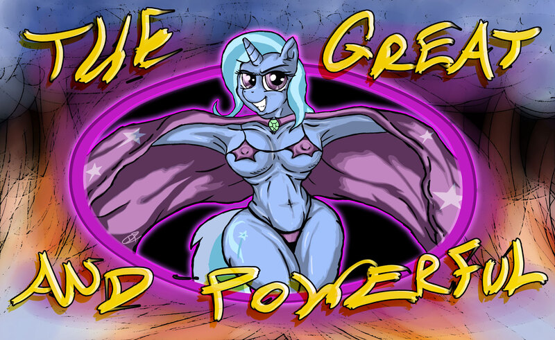 Size: 1456x893 | Tagged: questionable, artist:zetared, deleted from derpibooru, derpibooru import, trixie, anthro, unicorn, armpits, belly button, big breasts, bikini, breasts, cape, clothes, curvy, erect nipples, female, hourglass figure, looking at you, nipple outline, swimsuit