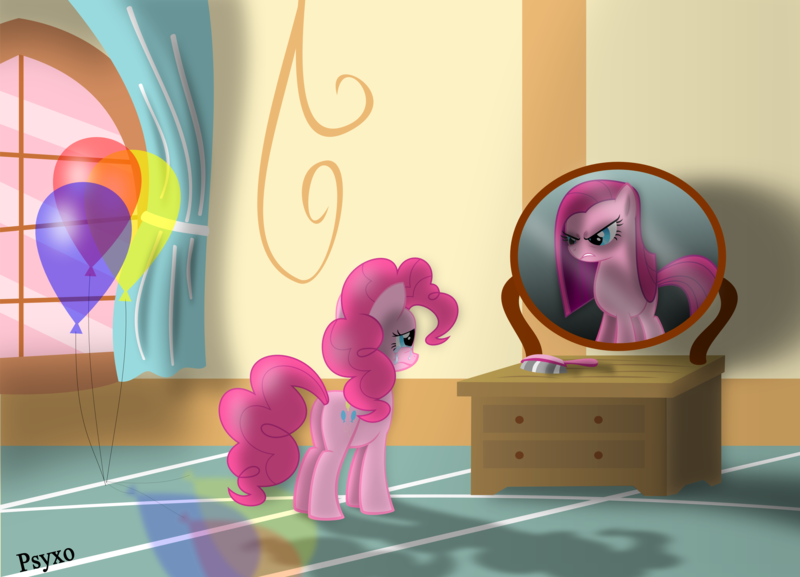 Size: 3683x2658 | Tagged: artist:psyxofthoros, crying, derpibooru import, duality, high res, mirror, pinkamena diane pie, pinkie pie, reflection, sad, safe