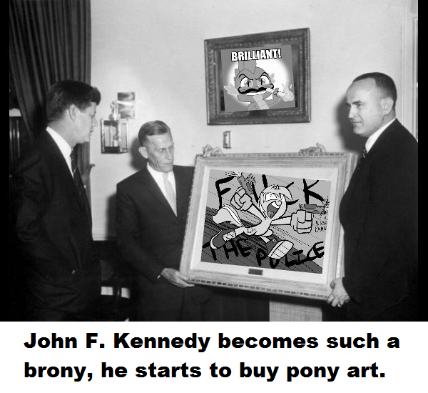 Size: 600x550 | Tagged: american presidents, brony, caption, clothes, derpibooru import, frame, human, image macro, irl, irl human, john f. kennedy, lyra heartstrings, necktie, photo, picture, picture frame, ponies in real life, president, safe, spike, suit, text