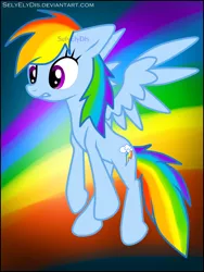 Size: 968x1288 | Tagged: safe, artist:selyelydis, derpibooru import, rainbow dash, pegasus, pony, abstract background, female, flying, mare, solo