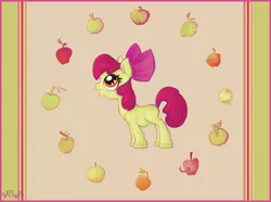 Size: 1108x826 | Tagged: safe, artist:maiasoara, derpibooru import, apple bloom, earth pony, pony, apple, choice, female, filly, food, grin, looking up, profile, smiling, solo, unshorn fetlocks