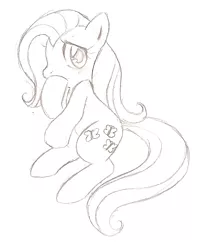 Size: 639x772 | Tagged: safe, artist:jessy, derpibooru import, fluttershy, pony, blushing, covering mouth, female, looking at you, monochrome, pencil drawing, simple background, sitting, sketch, solo, three quarter view, traditional art, white background, wingless