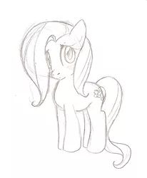 Size: 566x688 | Tagged: safe, artist:jessy, derpibooru import, fluttershy, pony, blushing, female, filly, filly fluttershy, head tilt, looking at you, monochrome, pencil drawing, simple background, sketch, solo, standing, three quarter view, traditional art, white background, wingless, younger