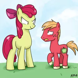 Size: 900x900 | Tagged: dead source, safe, artist:friezplay, derpibooru import, apple bloom, big macintosh, earth pony, pony, macro, male, micro, role reversal, size difference, stallion