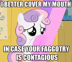 Size: 500x432 | Tagged: safe, derpibooru import, sweetie belle, caption, image macro, op is a faggot, reaction image, vulgar