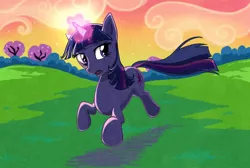 Size: 770x516 | Tagged: safe, artist:saphamia, derpibooru import, twilight sparkle, pony, unicorn, female, glowing horn, grass, grass field, horn, magic, mare, running, solo, unicorn twilight