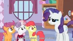 Size: 638x356 | Tagged: apple bloom, derpibooru import, ei, hub logo, rarity, safe, scootaloo, screencap, stare master, sweetie belle, youtube caption