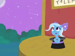 Size: 1600x1200 | Tagged: artist:therelicofowls, bow, cute, derpibooru import, diatrixes, filly, happy, hat, safe, stage, top hat, trixie