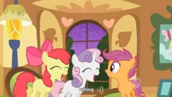 Size: 634x358 | Tagged: apple bloom, derpibooru import, ei, hub logo, safe, scootaloo, screencap, stare master, sweetie belle, youtube caption