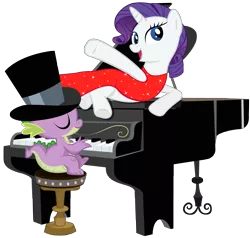 Size: 4031x3845 | Tagged: artist:boneswolbach, clothes, derpibooru import, dress, hat, piano, rarity, safe, spike, top hat