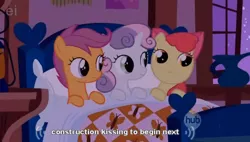 Size: 586x332 | Tagged: safe, derpibooru import, edit, edited screencap, screencap, apple bloom, scootaloo, sweetie belle, pony, unicorn, stare master, bed, caption, ei, female, filly, hub logo, implied kissing, pillow, youtube caption