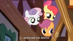 Size: 634x358 | Tagged: apple bloom, derpibooru import, ei, hub logo, safe, scootaloo, screencap, stare master, sweetie belle, youtube caption