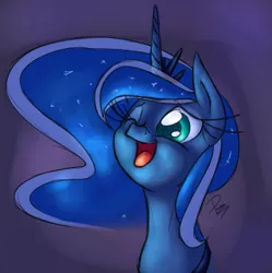 Size: 1273x1280 | Tagged: artist:deeriojim, artist:leadhooves, bust, colored, derpibooru import, portrait, princess luna, safe, solo, source needed, wink