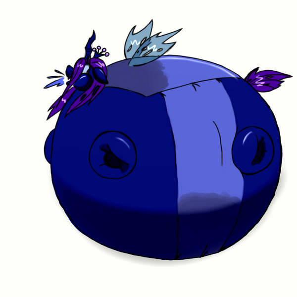 Size: 1200x1200 | Tagged: artist:kbryme, blue, blueberry, blueberry inflation, changeling, changeling queen, chrysaberry, derpibooru import, female, fetish, food, immobile, inflation, queen chrysaberry, queen chrysalis, questionable, round, shocked, swollen