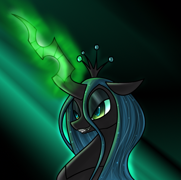Size: 1104x1102 | Tagged: safe, artist:myhysteria, derpibooru import, queen chrysalis, changeling, changeling queen, abstract background, bust, female, floppy ears, frown, glowing horn, grin, horn, image, lidded eyes, png, slit eyes