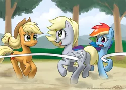 Size: 1000x714 | Tagged: safe, artist:johnjoseco, derpibooru import, applejack, derpy hooves, rainbow dash, pegasus, pony, female, mare, plot, racing