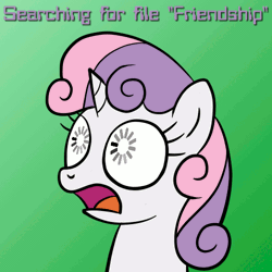 Size: 500x500 | Tagged: safe, derpibooru import, sweetie belle, pony, robot, unicorn, animated, bust, female, filly, foal, horn, loading, open mouth, portrait, solo, sweetie bot, text