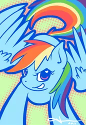 Size: 412x600 | Tagged: dead source, safe, artist:nakioutsuno, derpibooru import, rainbow dash, pegasus, pony, abstract background, female, mare, open mouth, signature, smiling, solo, spread wings, wings