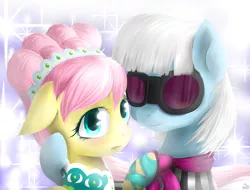 Size: 2500x1900 | Tagged: dead source, safe, artist:mlpanon, derpibooru import, fluttershy, photo finish, earth pony, pegasus, pony, green isn't your color, blushing, cute, duo, duo female, female, modelshy, shyabetes