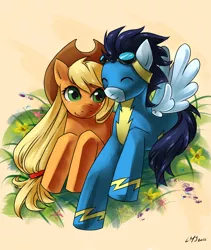 Size: 1600x1900 | Tagged: safe, artist:katiramoon, derpibooru import, applejack, soarin', earth pony, pegasus, pony, eyes closed, female, flower, goggles, male, prone, shipping, soarinjack, straight, wonderbolts uniform