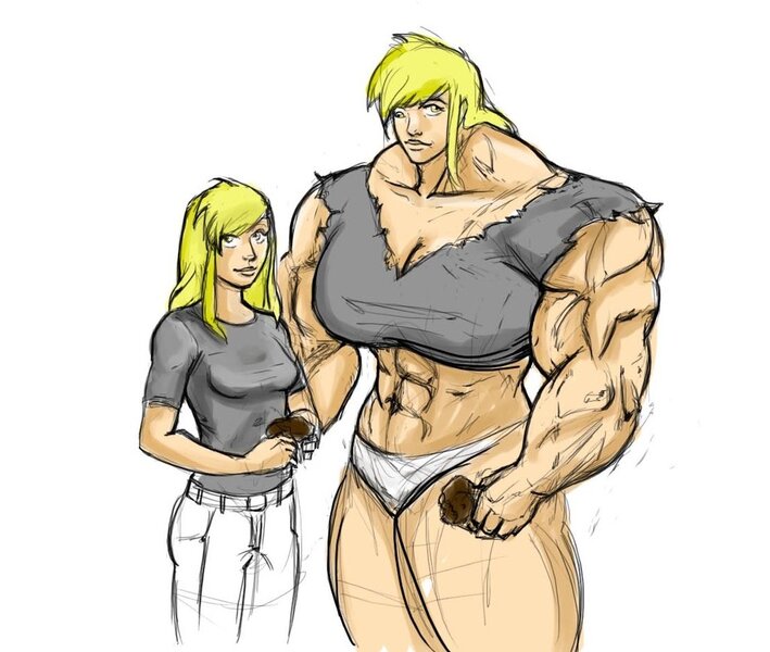 Size: 1024x866 | Tagged: artist:first-second, breasts, burly hooves, busty derpy hooves, derpibooru import, derpy hooves, female, humanized, muffin, muscles, overdeveloped muscles, questionable, wardrobe malfunction