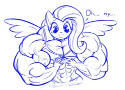 Size: 777x564 | Tagged: anthro, artist:doctorplaid, bikini, breasts, buff breasts, clothes, dead source, derpibooru import, fetish, fluttershy, monochrome, muscle fetish, muscles, muscleshy, oh my, overdeveloped muscles, suggestive, swimsuit
