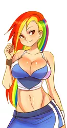Size: 692x1324 | Tagged: artist:maniacpaint, belly button, breasts, busty rainbow dash, cleavage, clothes, curvy, derpibooru import, female, human, humanized, midriff, miniskirt, rainbow dash, shiny, skirt, smiling, solo, solo female, sports bra, suggestive, wristband