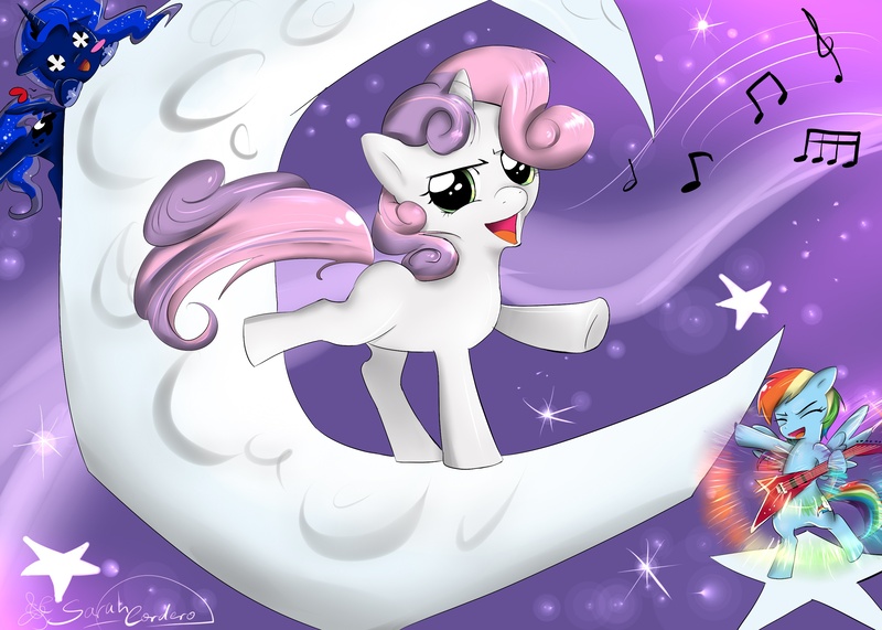 Size: 2800x2000 | Tagged: safe, artist:daughter-of-fantasy, derpibooru import, princess luna, rainbow dash, sweetie belle, stare master, crescent moon, electric guitar, guitar, high res, hush now quiet now, moon, singing, tangible heavenly object, wingding eyes