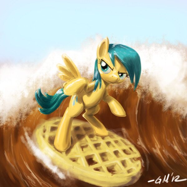 Size: 1280x1280 | Tagged: artist:giantmosquito, derpibooru import, maple syrup, newbie artist training grounds, safe, sunshower raindrops, surfing, waffle