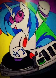 Size: 1076x1491 | Tagged: safe, derpibooru import, vinyl scratch, pony, unicorn, bracelet, female, glowstick, hooves, horn, jewelry, mare, necklace, open mouth, rave, smiling, solo, sunglasses, turntable