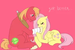 Size: 1350x900 | Tagged: safe, artist:etrnlpeace, derpibooru import, big macintosh, fluttershy, earth pony, pony, bandage, fluttermac, get well soon, injured, male, shipping, stallion, straight