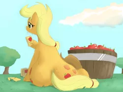 Size: 800x600 | Tagged: safe, artist:sunibee, derpibooru import, applejack, earth pony, pony, apple barrel, applebutt, appleplot, barrel, facing away, grass, juice box, plot, sitting, solo, sweat, the ass was fat, tree