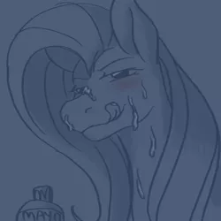 Size: 900x900 | Tagged: suggestive, artist:cartoonlion, derpibooru import, fluttershy, pegasus, pony, blushing, female, grayscale, licking, licking lips, mare, mayonnaise, monochrome, solo, tongue out