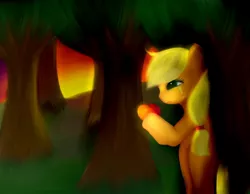 Size: 900x700 | Tagged: apple, applejack, artist:pipomanager-mimmi, crying, derpibooru import, food, forest, safe, solo