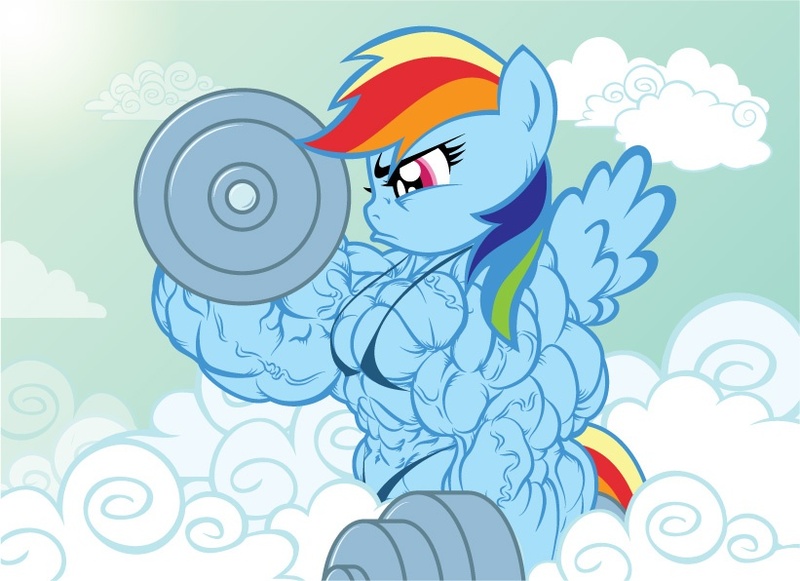 Size: 821x596 | Tagged: bikini, breasts, buff breasts, clothes, derpibooru import, fetish, hyper, muscles, overdeveloped muscles, questionable, rainbow dash, rainbuff dash, swimsuit, weight lifting, workout