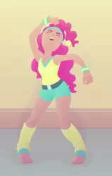 Size: 430x675 | Tagged: 80s, artist:super-spaces, dancing, derpibooru import, headband, humanized, leg warmers, pinkie pie, safe, scene interpretation, workout outfit, wristband