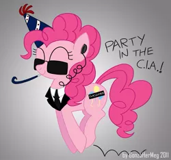 Size: 815x763 | Tagged: artist:gonzahermeg, censored cutie mark, cia, classified, clothes, derpibooru import, earbuds, eyes closed, hat, party hat, party horn, party in the cia, pinkie pie, pronking, safe, smiling, solo, suit, sunglasses, weird al yankovic