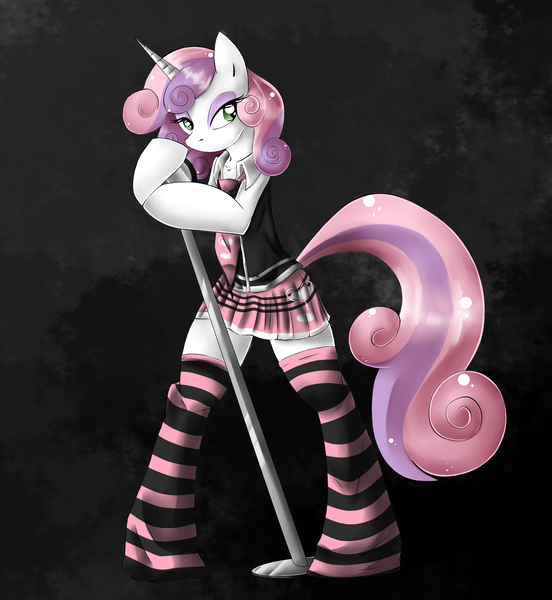 Size: 2300x2500 | Tagged: anthro, artist:rainbowscreen, clothes, dead source, derpibooru import, high res, microphone, necktie, older, safe, skirt, socks, solo, stockings, striped socks, sweetie belle, unguligrade anthro, zettai ryouiki