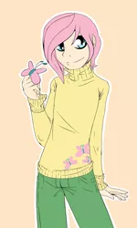 Size: 1500x2500 | Tagged: artist:rainbowscreen, butterscotch, clothes, dead source, derpibooru import, fluttershy, humanized, rule 63, safe, solo, sweater, sweatershy