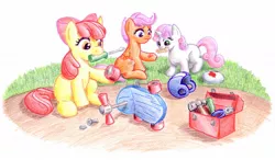 Size: 1200x700 | Tagged: safe, artist:muffinshire, derpibooru import, apple bloom, scootaloo, sweetie belle, earth pony, pegasus, pony, unicorn, adorabloom, cute, cutealoo, cutie mark crusaders, diasweetes, first aid, hammer, injured, mouth hold, repairing, scootalove, scooter, screwdriver, teary eyes, toolbox, tools, traditional art