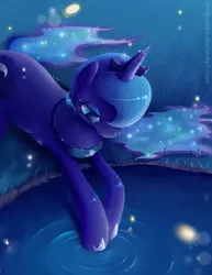 Size: 663x858 | Tagged: artist:misteelala, derpibooru import, night, princess luna, prone, safe, solo, water