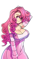 Size: 705x1232 | Tagged: arm behind head, armpits, artist:maniacpaint, breasts, busty pinkie pie, curvy, cute, derpibooru import, diapinkes, female, human, humanized, pinkie pie, solo, solo female, suggestive, wrong eye color