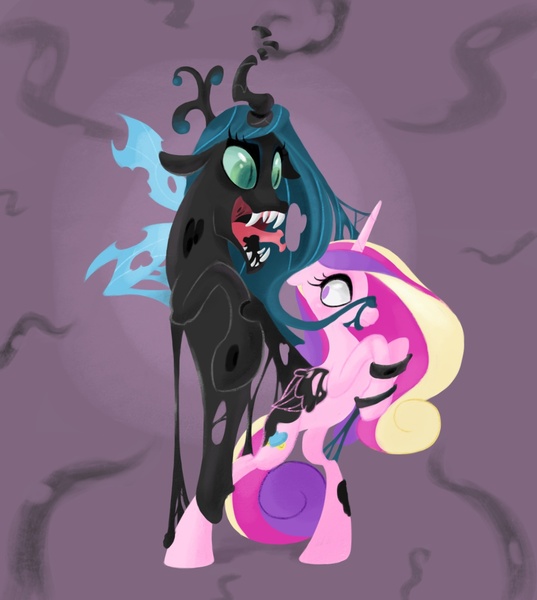 Size: 1238x1382 | Tagged: useless source url, grimdark, grotesque, artist:nikkuwalkanov, derpibooru import, princess cadance, queen chrysalis, alicorn, changeling, changeling queen, goo pony, original species, pony, abstract background, bondage, changeling feeding, fangs, female, floppy ears, image, jpeg, kitchen eyes, looking at each other, mare, mouth hold, open mouth, prehensile mane, sharp teeth, slit eyes, tentacles, tongue out