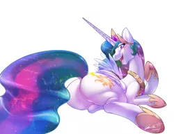 Size: 1238x956 | Tagged: suggestive, artist:0r0ch1, derpibooru import, edit, princess celestia, alicorn, pony, blushing, female, looking at you, mare, open mouth, plot, praise the sun, sitting, solo, sunbutt, the ass was fat