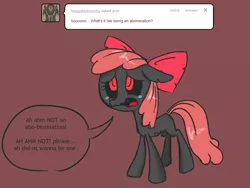 Size: 1280x960 | Tagged: apple bloom, artist:voids-edge, ask apple bloom, bad end, crying, derpibooru import, red background, red eyes, sad, safe, simple background, solo, story of the blanks, undead, zombie