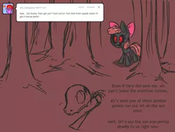 Size: 1280x960 | Tagged: apple bloom, artist:voids-edge, ask apple bloom, bad end, derpibooru import, red background, red eyes, safe, simple background, skull, solo, story of the blanks, undead, zombie